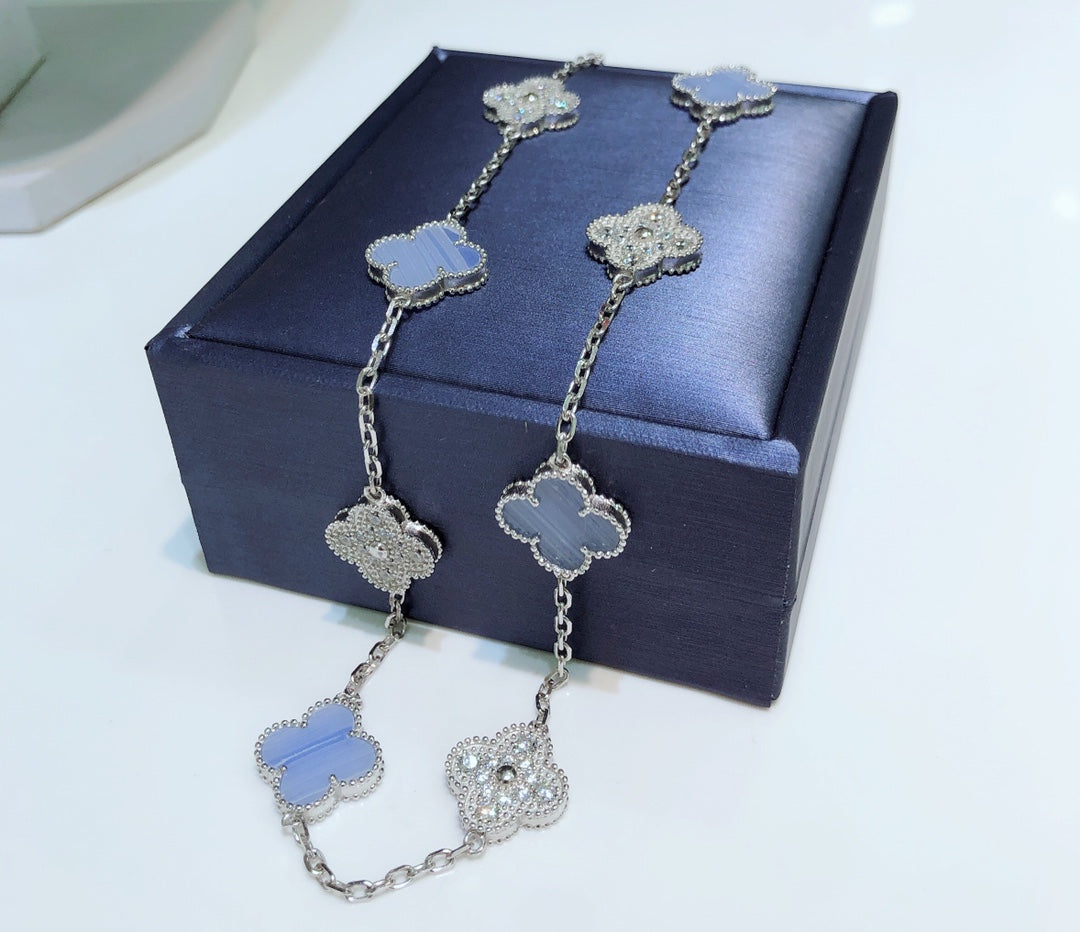 [CiCi]CLOVER 10 MOTIFS CHALCEDONY DIAMONDS SILVER NECKLACE