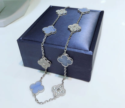 [CiCi]CLOVER 10 MOTIFS CHALCEDONY DIAMONDS SILVER NECKLACE