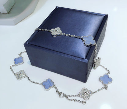 [CiCi]CLOVER 10 MOTIFS CHALCEDONY DIAMONDS SILVER NECKLACE