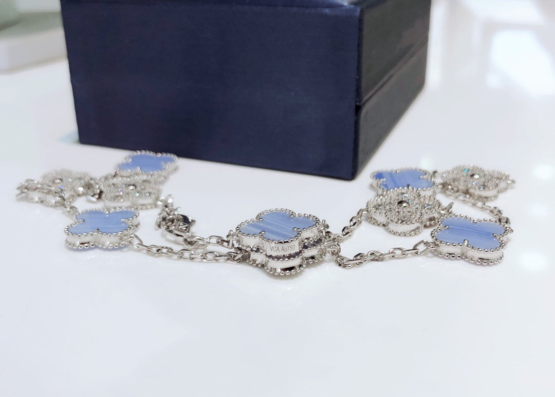 [CiCi]CLOVER 10 MOTIFS CHALCEDONY DIAMONDS SILVER NECKLACE