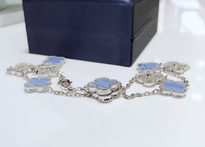 [CiCi]CLOVER 10 MOTIFS CHALCEDONY DIAMONDS SILVER NECKLACE