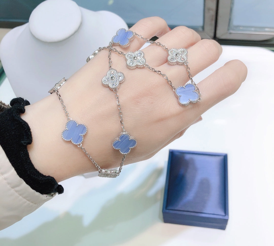 [CiCi]CLOVER 10 MOTIFS CHALCEDONY DIAMONDS SILVER NECKLACE