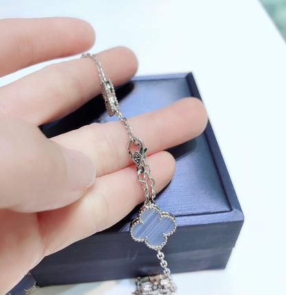 [CiCi]CLOVER 10 MOTIFS CHALCEDONY DIAMONDS SILVER NECKLACE