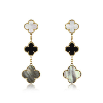 [CiCi]CLOVER EARRINGS GOLD ONYX MOP 3 MOTIF