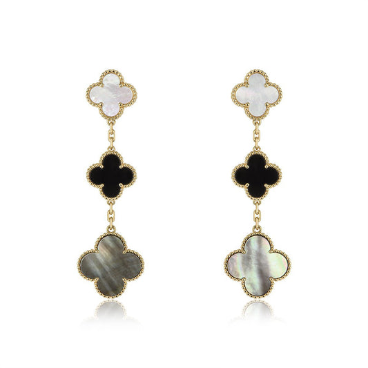 [CiCi]CLOVER EARRINGS GOLD ONYX MOP 3 MOTIF